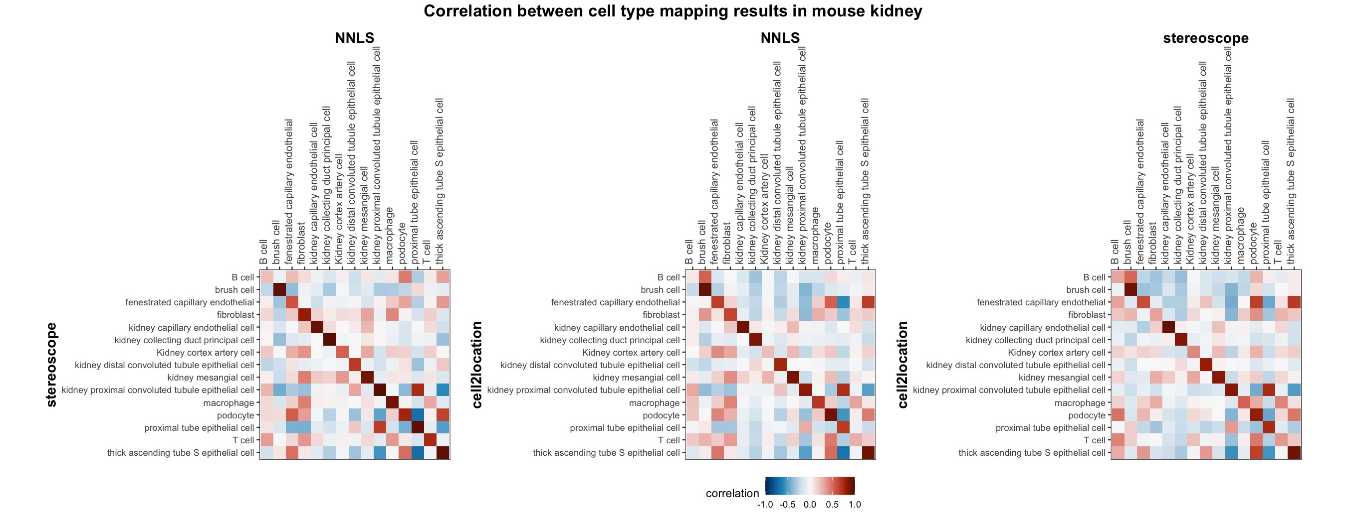 3. Correlation plots of cell type mapping results in mouse kidney dataset.